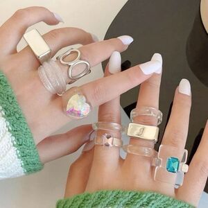 Y2K 10 piece Opal Holographic Mermaidcore Iridescent Heart Barbiecore Rings